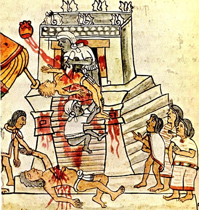 Aztekowie składający ofiary z ludzi. Grafika z Codex Magliabechiano, XVI wiek.