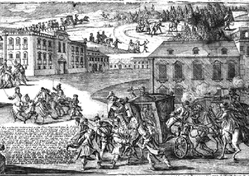 XVIII-wieczna rycina przedstawiająca porwanie Stanisława Augusta Poniatowskiego.