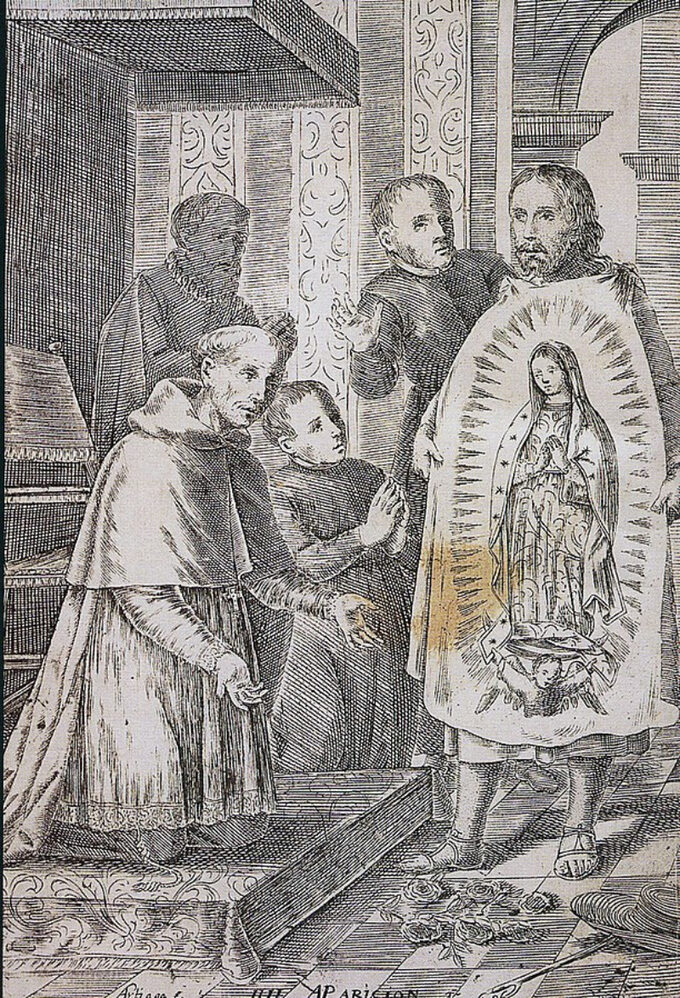 Juan Diego ukazuje biskupowi Zumárradze cudowny wizerunek Matki Bożej. Rycina z XVII wieku