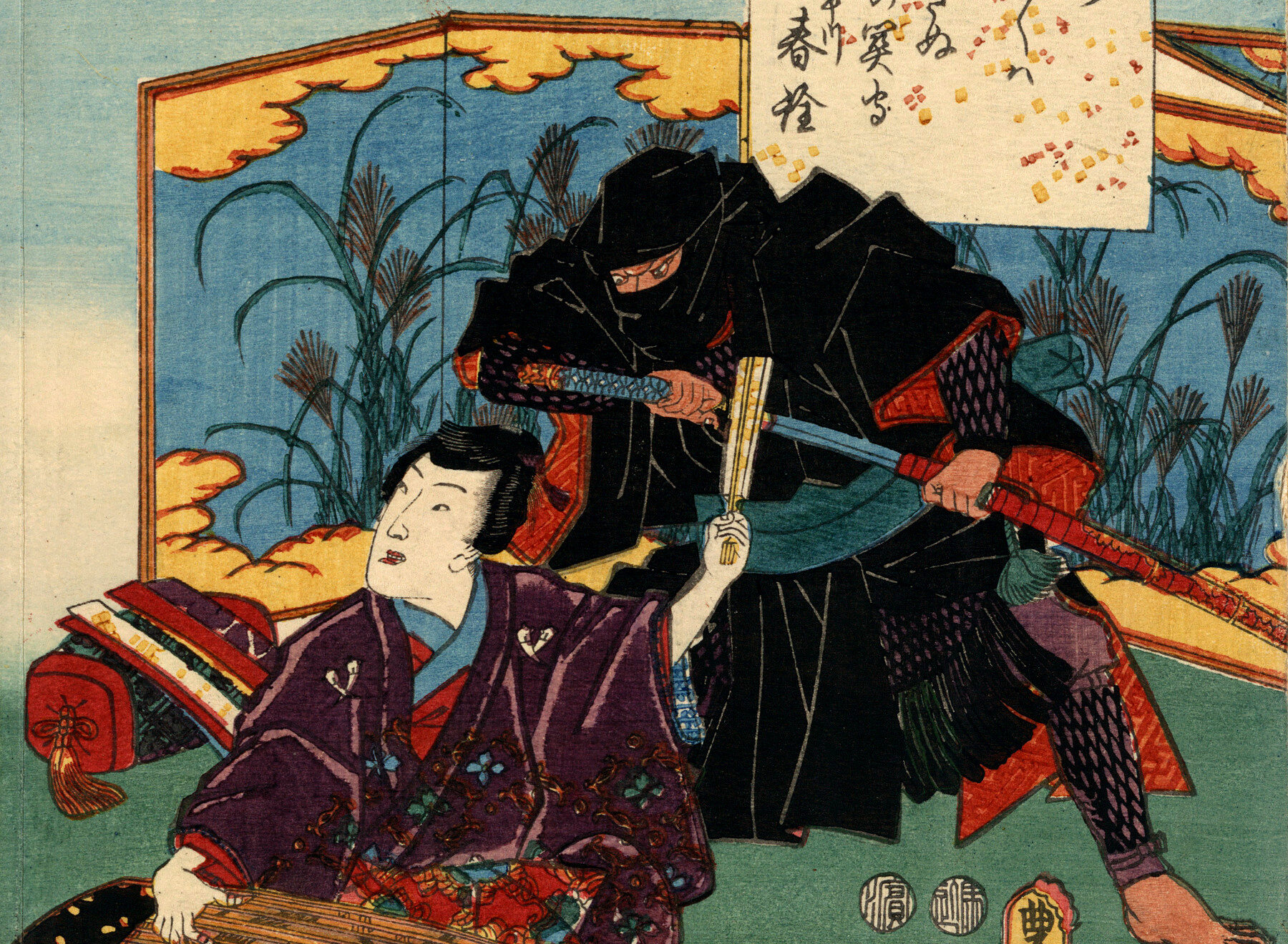Wojownik ninja na grafice Toyokuni Utagawy z 1853 r.
