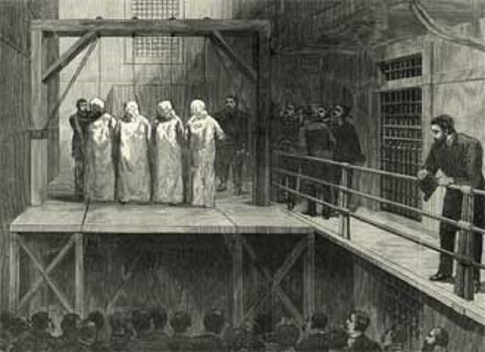 Rysunek przedstawiający egzekucję Augusta Spiesa, Alberta Parsonsa, Adolpha Fischera i George'a Engela.