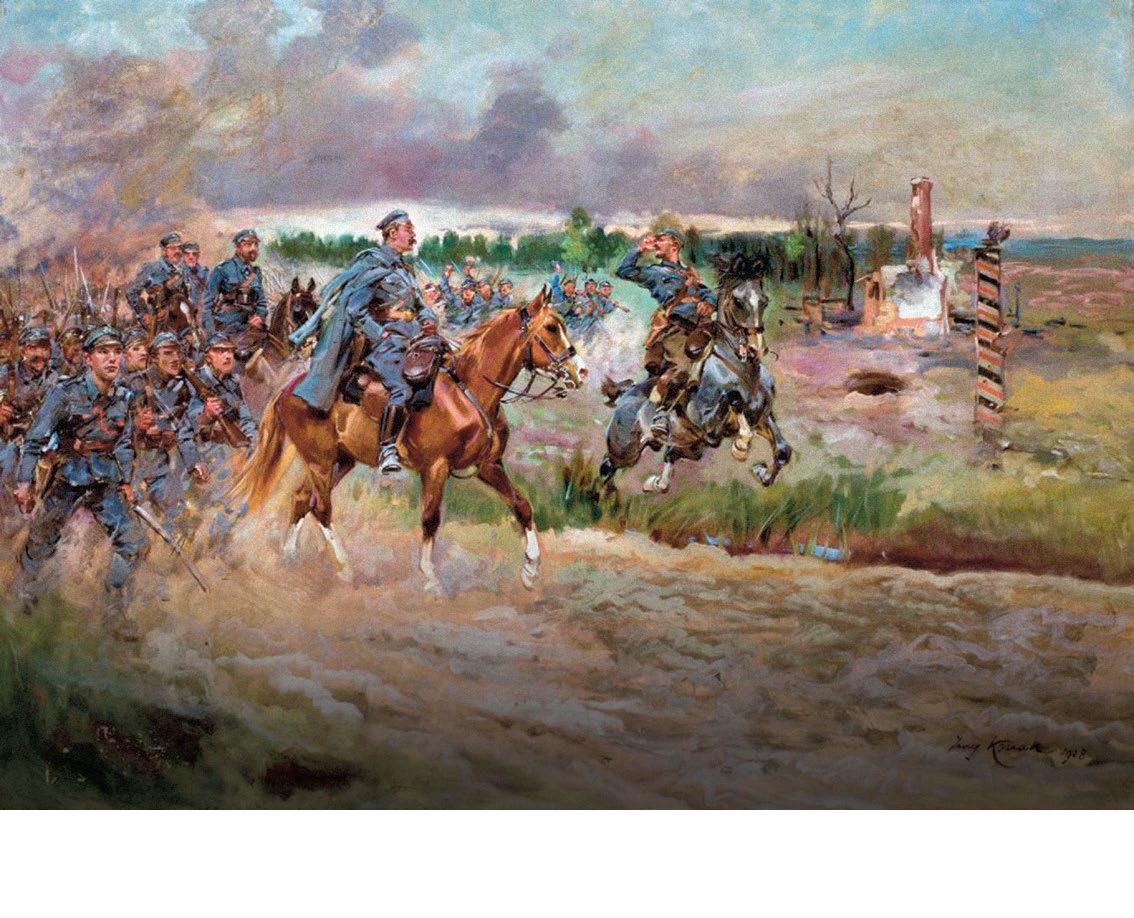 „Józef Piłsudski wkracza ze strzelcami na teren Królestwa Polskiego”, obraz Jerzego Kossaka.