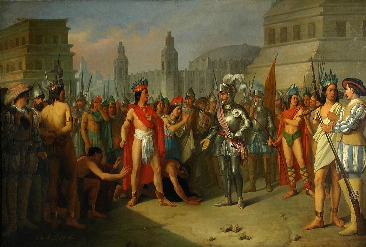 Cuauhtémoc i  Hernán Cortés na obrazie przedstawiającym moment upadku stolicy państwa Azteków - 13 sierpnia 1521 r. Autor: Carlos Esquivel y Rivas
