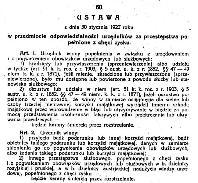 Fragment ustawy dotyczącej korupcji z 30 stycznia 1920 r.