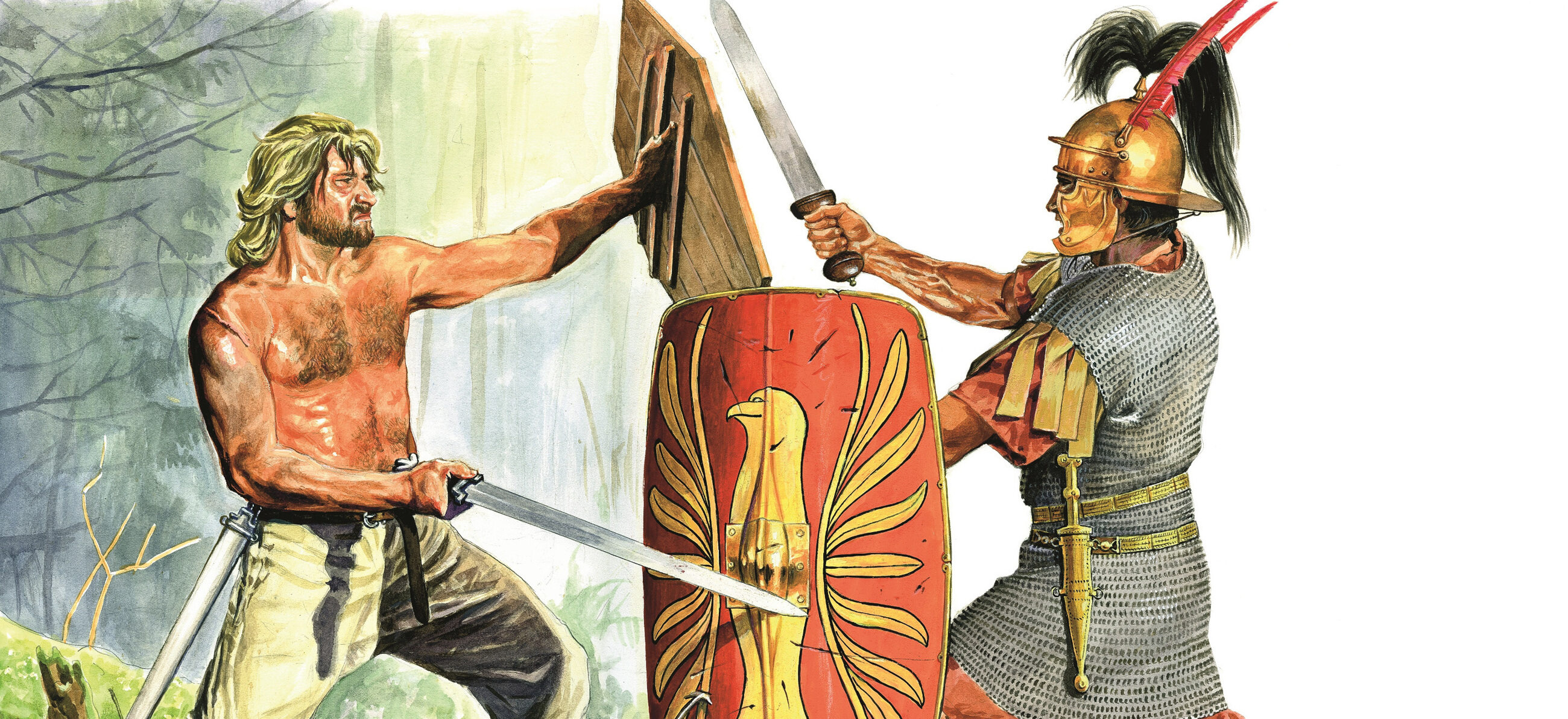 Germański wojownik i rzymski legionista w walce na miecze