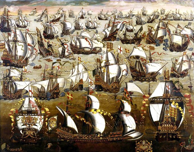 XVI-wieczny obraz przedstawiający bitwę pomiędzy Wielką Armadą a okrętami angielskimi, autor nieznany.