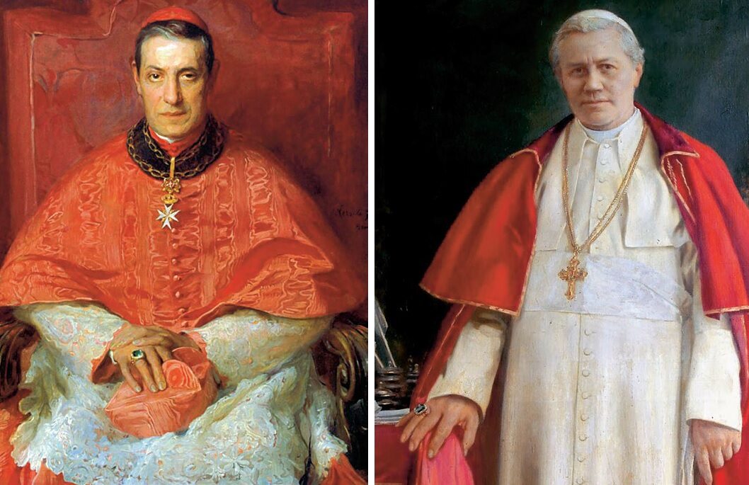 Pol lewej: Kardynał Mariano Rampolla. Po prawej: Kardynał Giuseppe Sarto, który jako papież przyjął imię Pius X.
